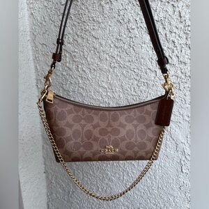 Coach Caitlin Brown Signature Canvas Shoulder Bag with Gold Chain Accent